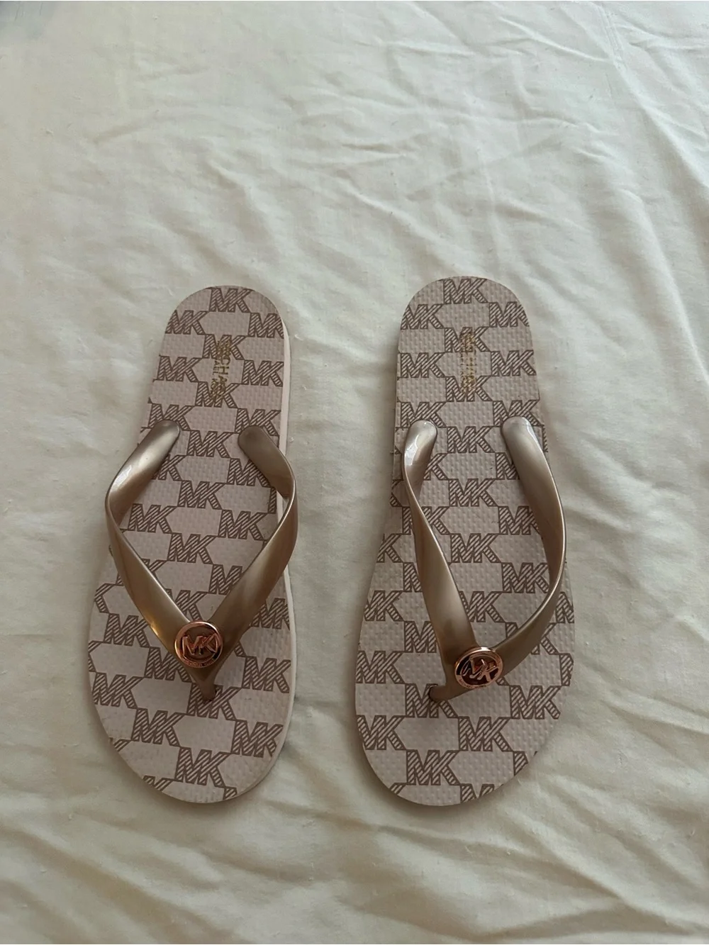 Michael Kors Rose Gold Logo MK Monogram Flip Flops